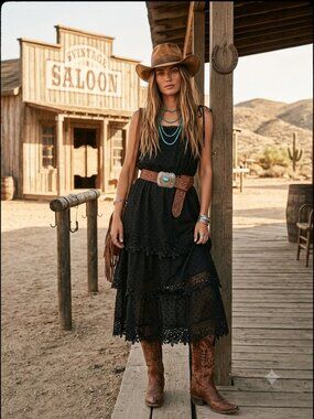 POL Black Swiss Dot Lace Trim Tiered Midi Dress Medium Boho Tie Strap